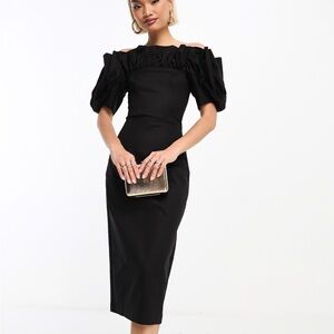 & Other Stories corseted stretch midi dress w/ ruffle volume sleeves in black